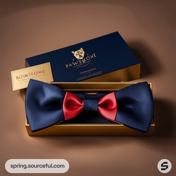 Navy and red bow tie in an elegant blue and gold box.