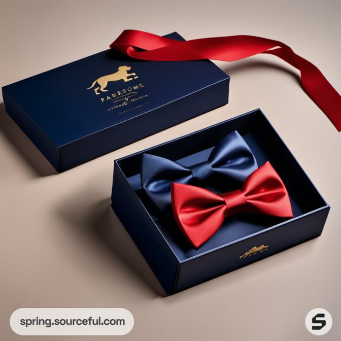 Navy and red bow set in a sleek blue gift box with a red ribbon.