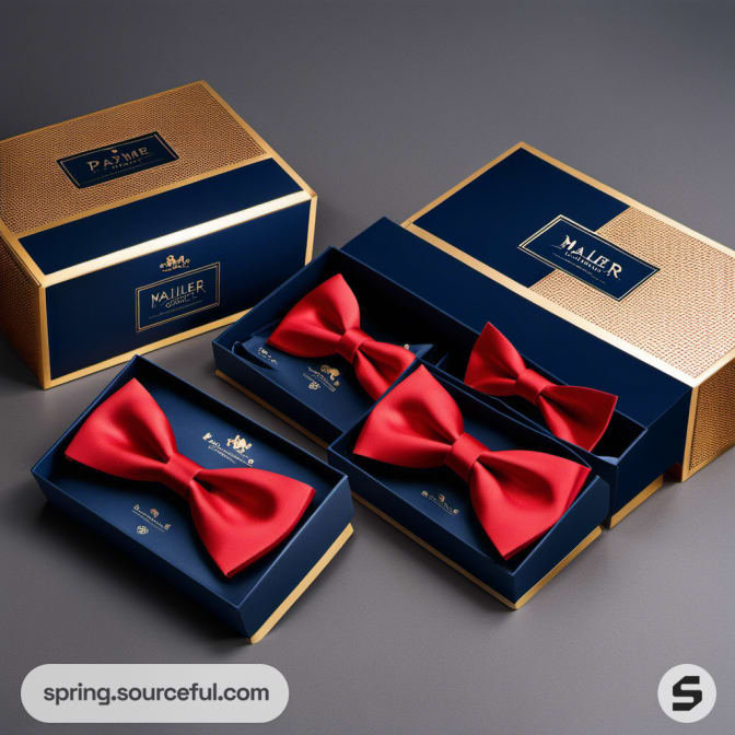Red bow ties in luxurious blue and gold textured gift boxes.