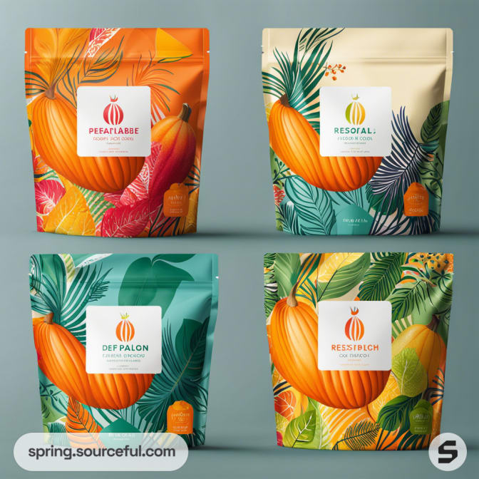 Colorful resealable pouches with nature-themed designs in green, orange, and floral patterns.