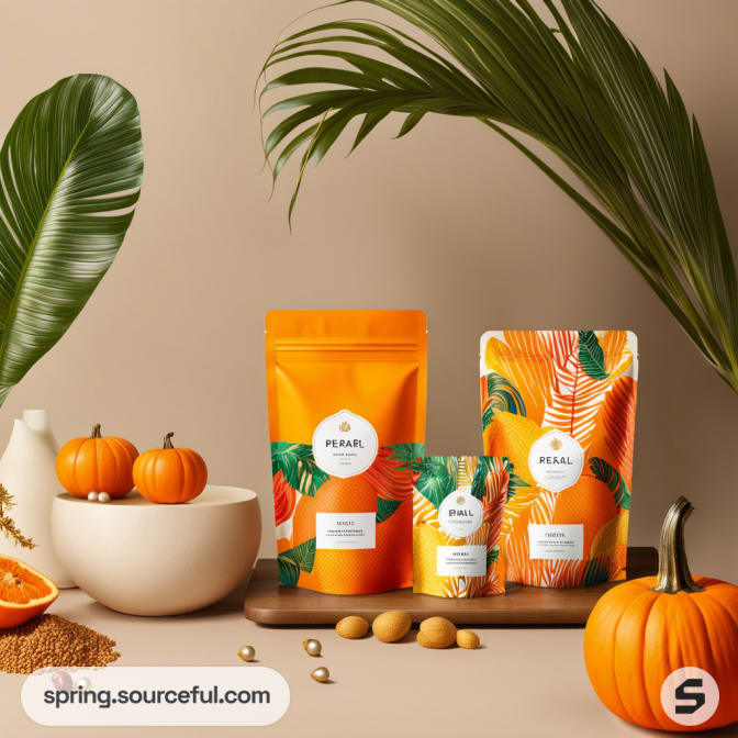 Tropical design resealable pouches with vibrant orange and green patterns, surrounded by decorative pumpkins.