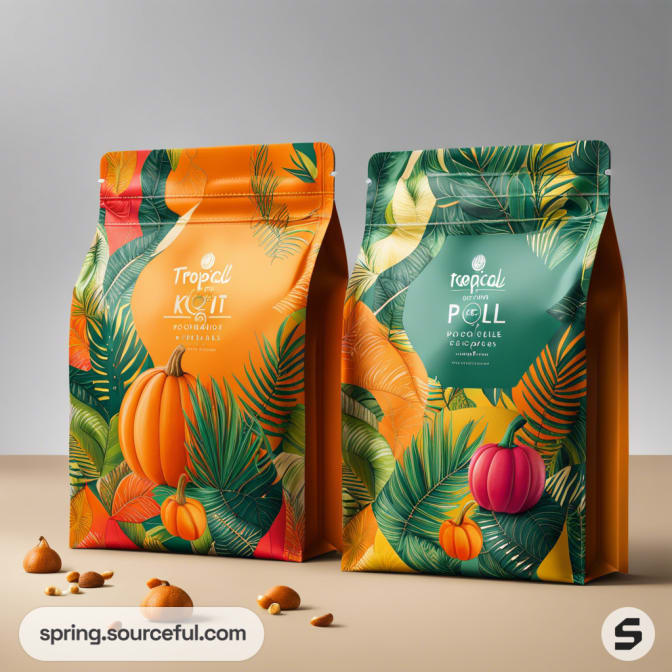 Two colorful stand-up pouches with tropical leaf and fruit designs.