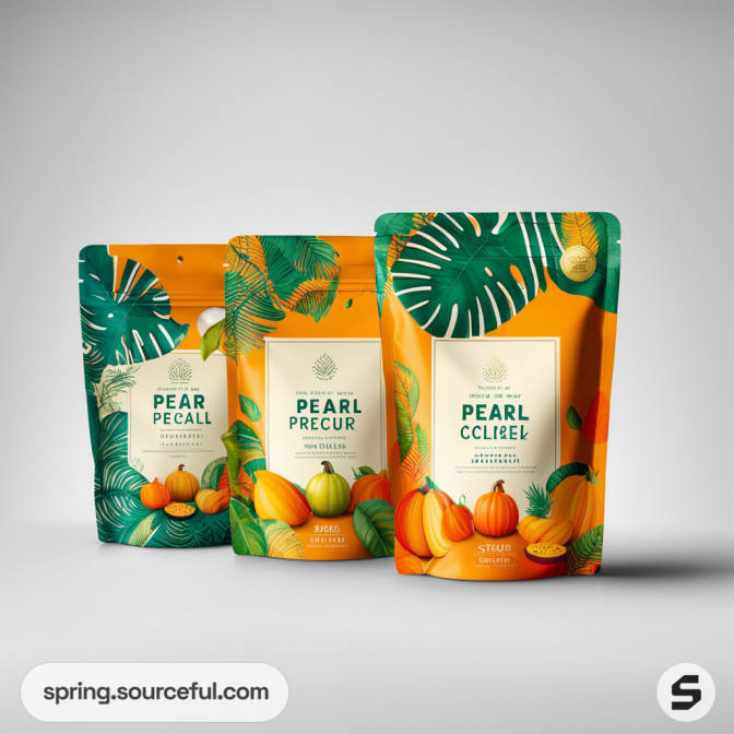 Three tropical-themed resealable pouches with fruit illustrations on a gradient background.