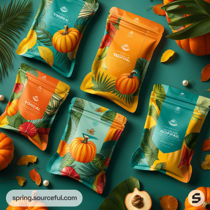 Colorful resealable pouches with tropical leaves, pumpkins, and fruits on a teal background.