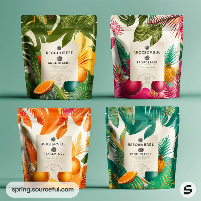 Four resealable pouches with colorful tropical leaf and fruit designs on a green background.