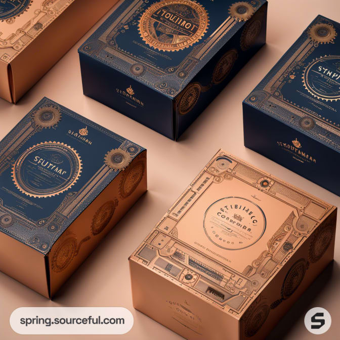 Elegant blue and copper-toned boxes with intricate patterns on a light background.