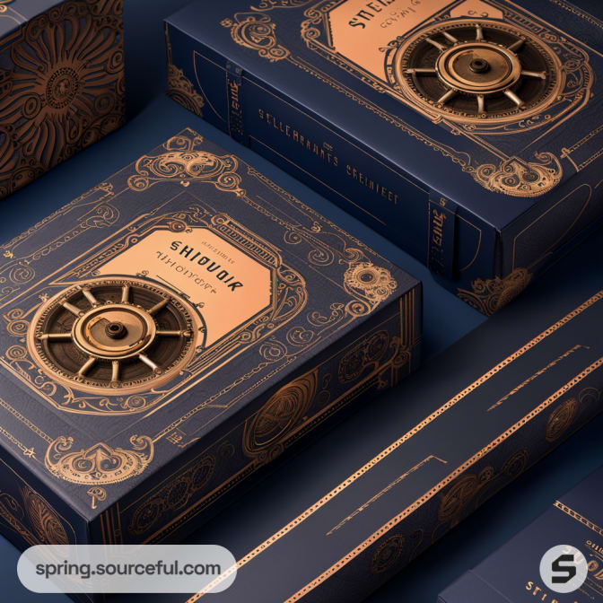 Navy blue rectangular boxes with intricate gold designs, resembling antique books, featuring a circular emblem.