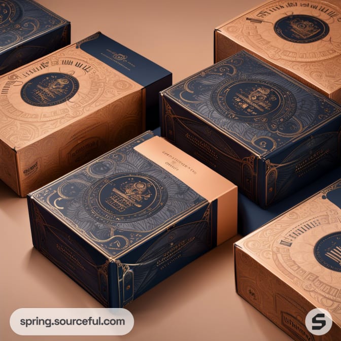 Elegant cardboard boxes with intricate gold and navy designs on a beige background.