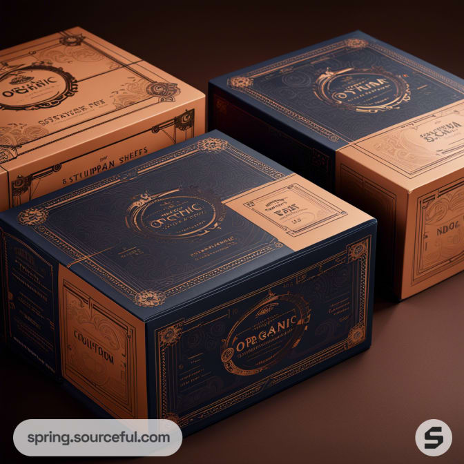 Three elegant, vintage-style boxes with intricate gold designs on dark backgrounds featuring labels like 'Organic' and 'Kitchen Spices'.