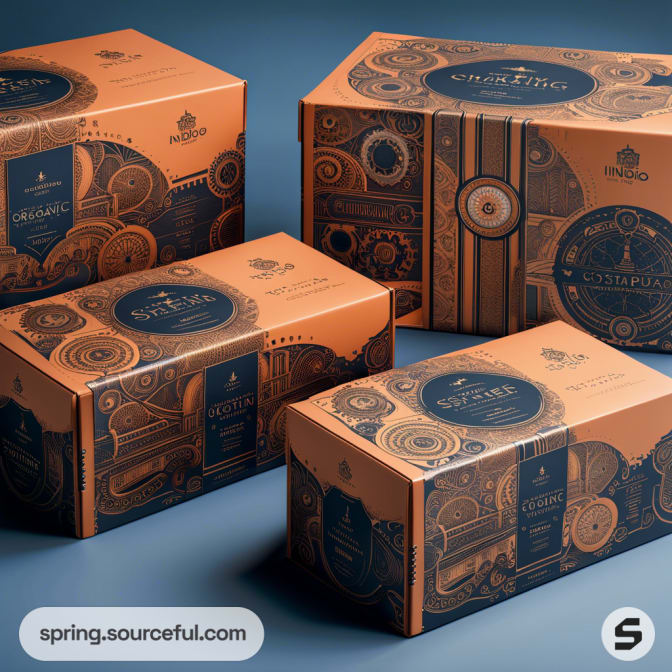 Orange and blue vintage-style mailer boxes with intricate gear patterns on a blue background.