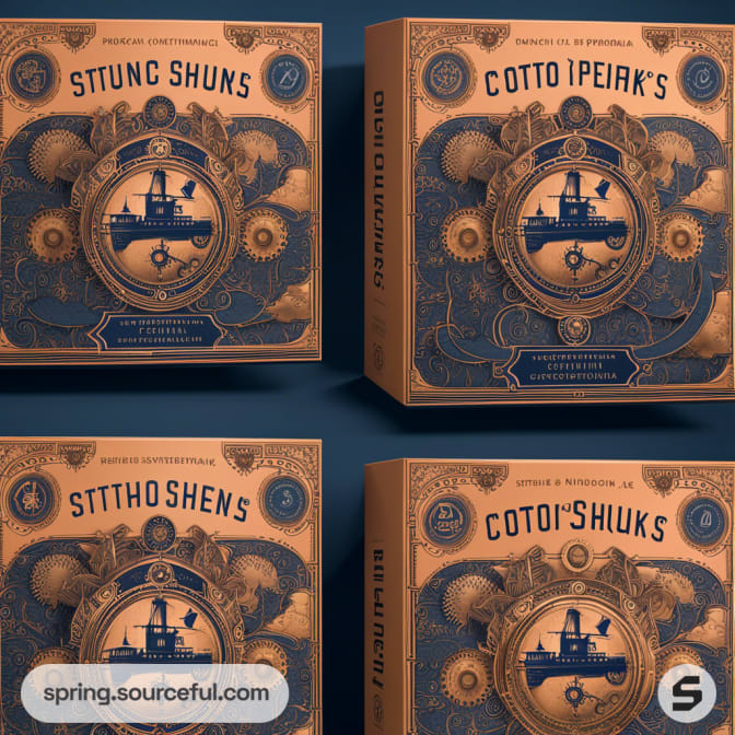 Vintage-style cardboard boxes with nautical illustrations and decorative patterns.