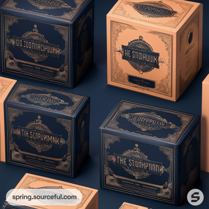 Elegant blue and beige square boxes with intricate vintage designs and text, displayed on a dark blue surface.