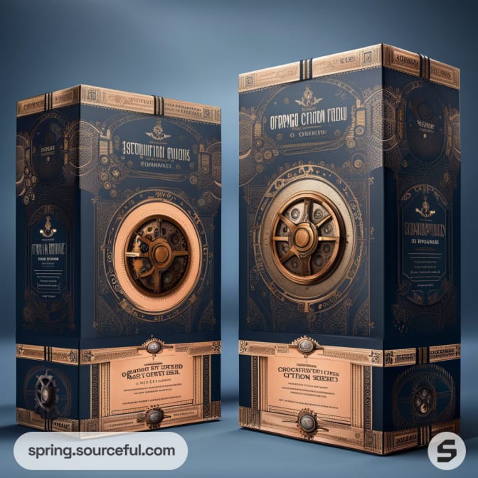 Two ornate blue and bronze beverage boxes with gear and clock designs on a blue background.
