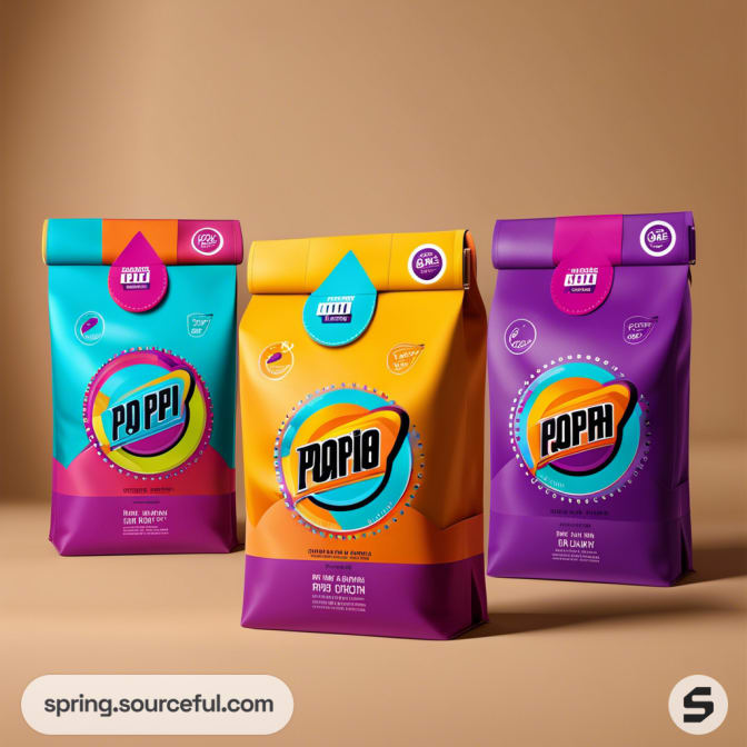 Three colorful resealable coffee bags, each in bright teal, orange, and purple, against a brown background.