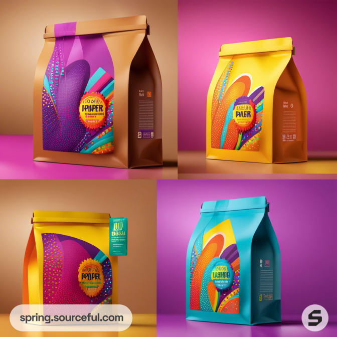 Colorful paper product pouches with abstract designs against vibrant backgrounds.