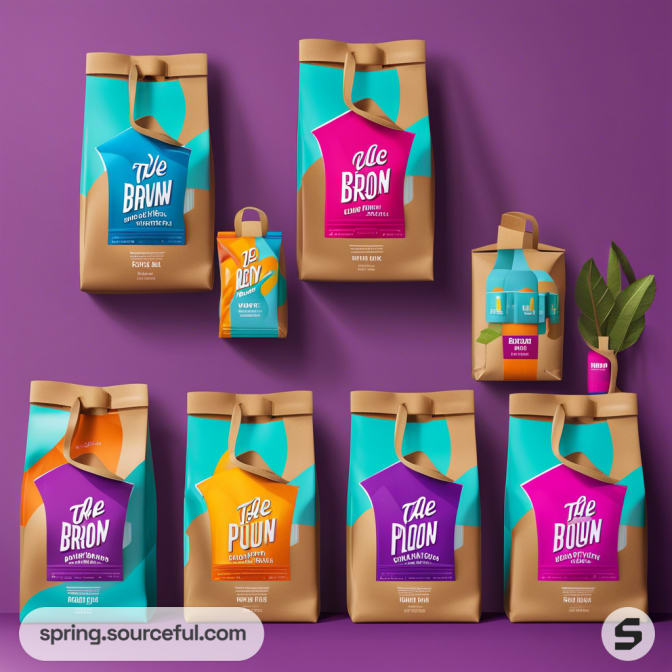 Colorful resealable pouches of coffee on a purple background with a small plant.