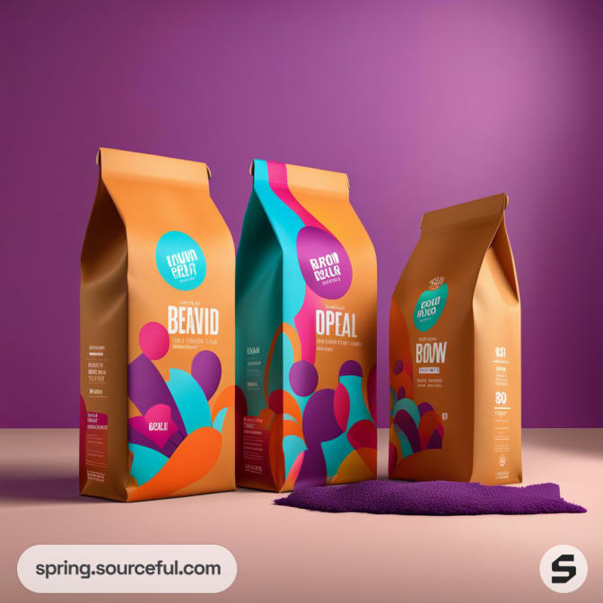 Three colorful coffee bags with abstract designs against a purple background.