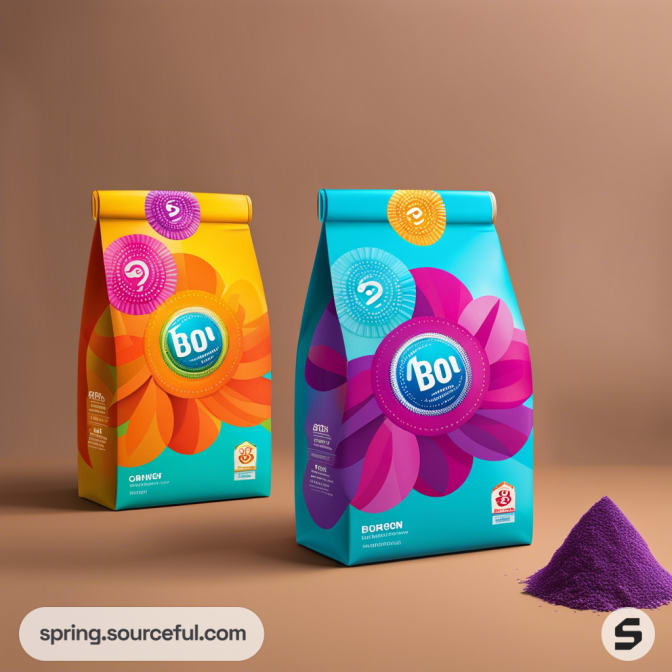 Colorful resealable pouches with floral designs on a brown background.