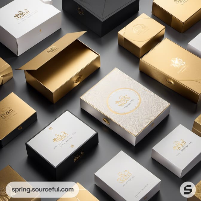 Assorted gold and white luxury packaging boxes.