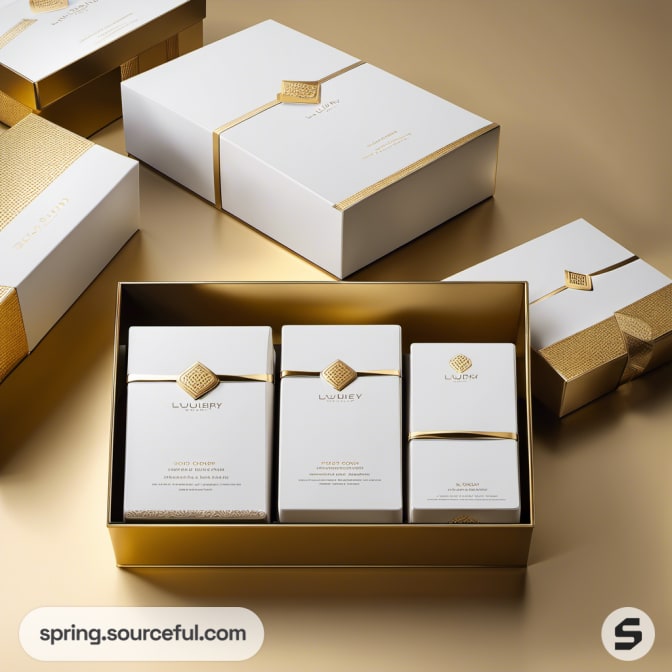 White and gold box set with gold ribbon ties.