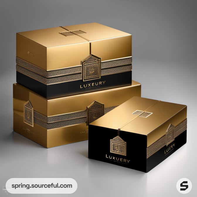 Stacked gold and black luxury gift boxes.