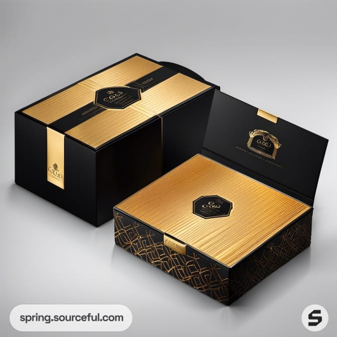 Black and gold boxes with geometric patterns.