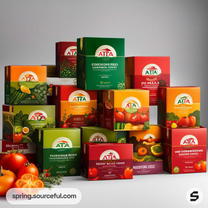 Stacked colorful vegetable-themed boxes on gray background.