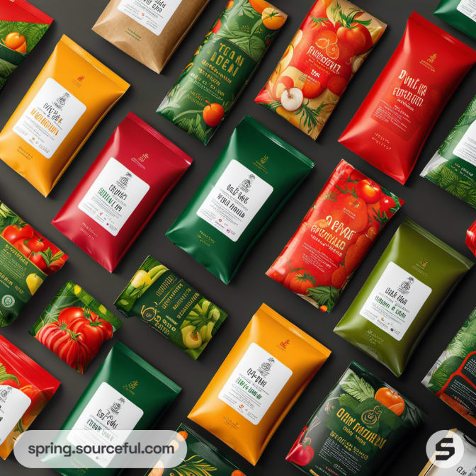 Variety of vegetable-themed flow wrap packages on dark background.