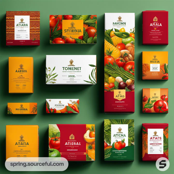 Colorful vegetable-themed boxes on green background.