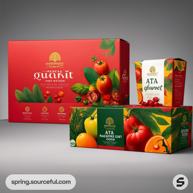 Red and green vegetable-themed boxes with tomato imagery.