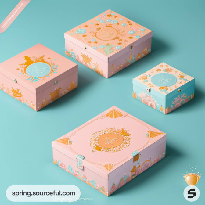 Four decorative pastel boxes with floral and crown designs on a blue background.