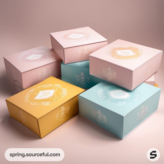 Stack of six pastel boxes with floral designs on a beige background.