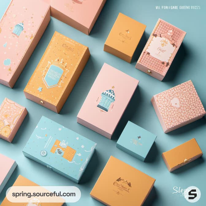 Collection of pastel rectangular boxes with whimsical illustrations on a blue surface.