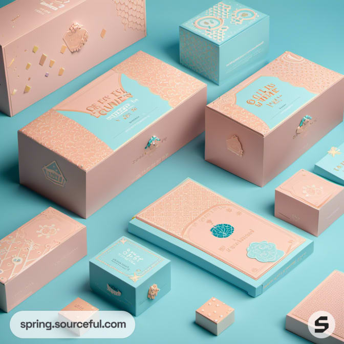 Pastel blue and pink boxes with floral and shell designs on a blue background.