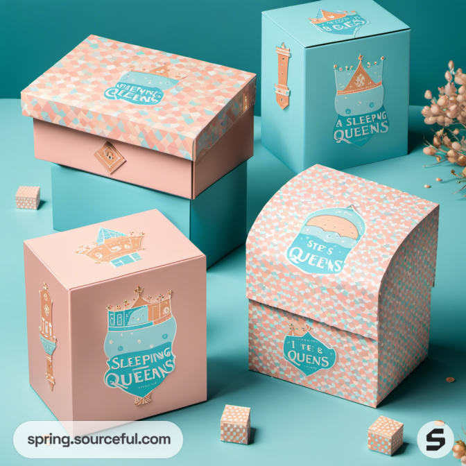 Colorful pastel "Sleeping Queens" boxes with crowns and florals on a blue background.