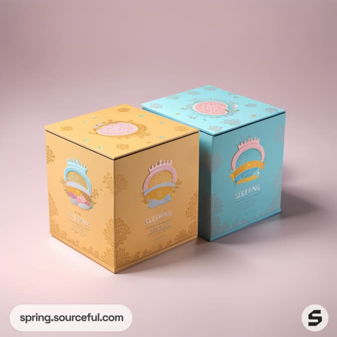 Two square pastel boxes with crown illustrations on a beige surface.