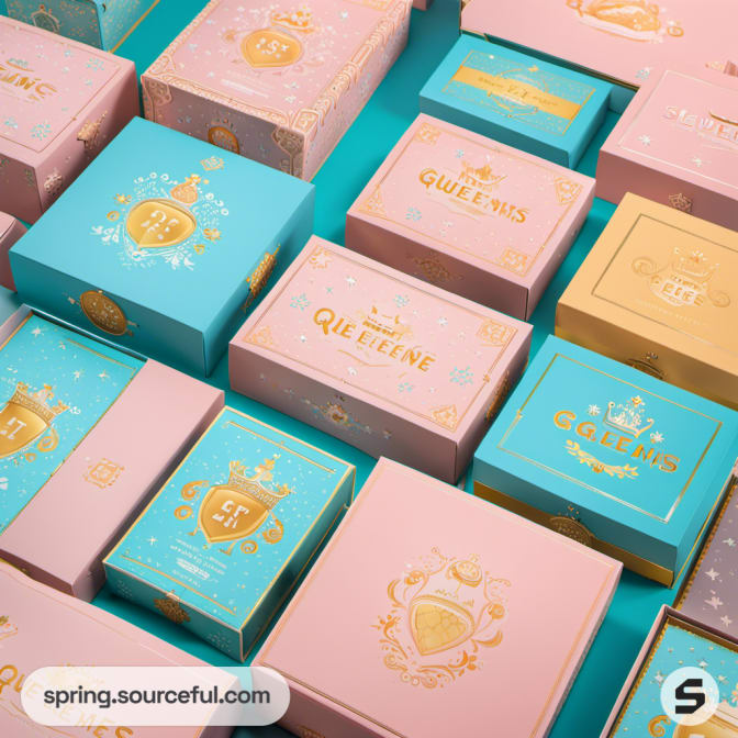 Assortment of pastel boxes with crown and floral motifs on a blue background.