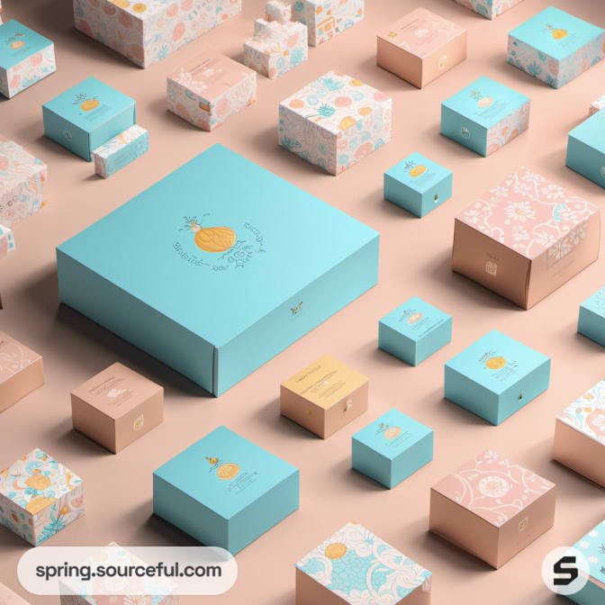 Various pastel boxes with floral designs on a beige surface.