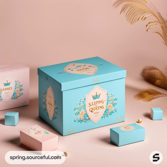Large blue "Sleeping Queens" box with floral designs on a beige background.