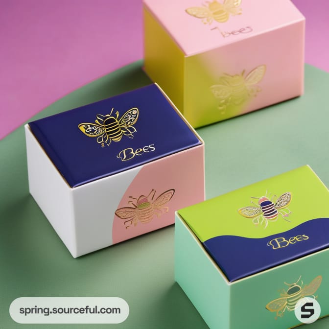 Colorful boxes with bee design and 'Bees' text on green and pink background.