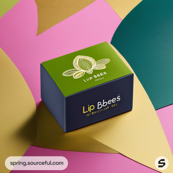 Green and navy box with a bee design labeled 'Lip Bbees' on abstract background.