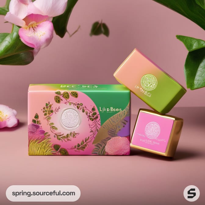 Floral-themed packaging with pink and green boxes among flowers on brown background.