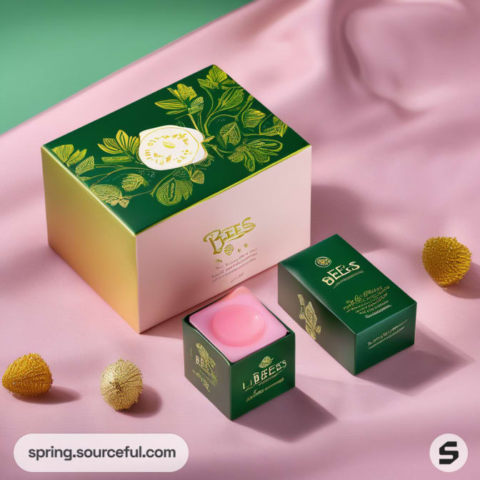 Green and pink packaging with botanical design and small jars on soft pink fabric.