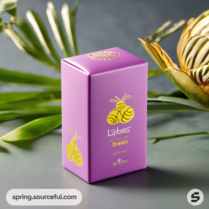 Purple rectangular box with yellow bee design, surrounded by leaves and flower.