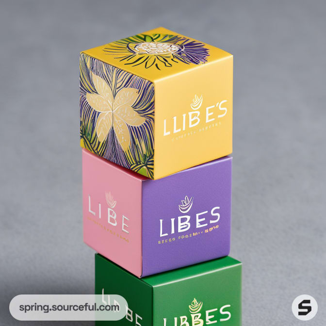 Stack of colorful boxes labeled 'LIBES' with floral and leaf designs.