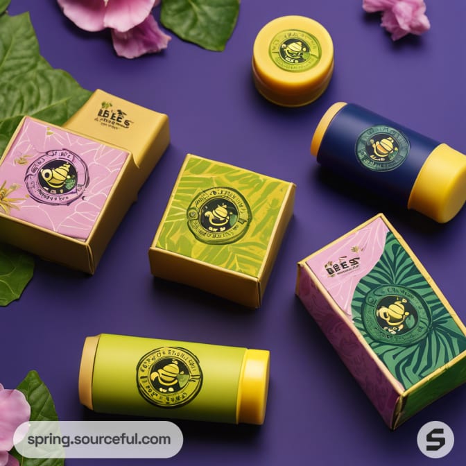 Assorted packages in yellow, pink, and green with bee motifs on purple background.