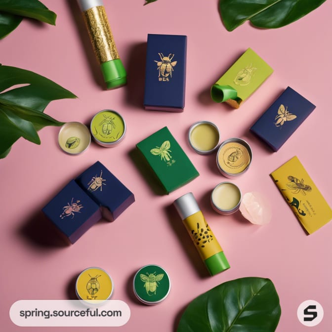 Assorted bee-themed packaging, lip balms, and boxes on a pink backdrop with leaves.