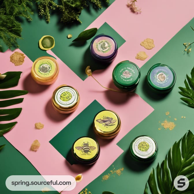Round jars with floral and bee designs on green and pink background with foliage.