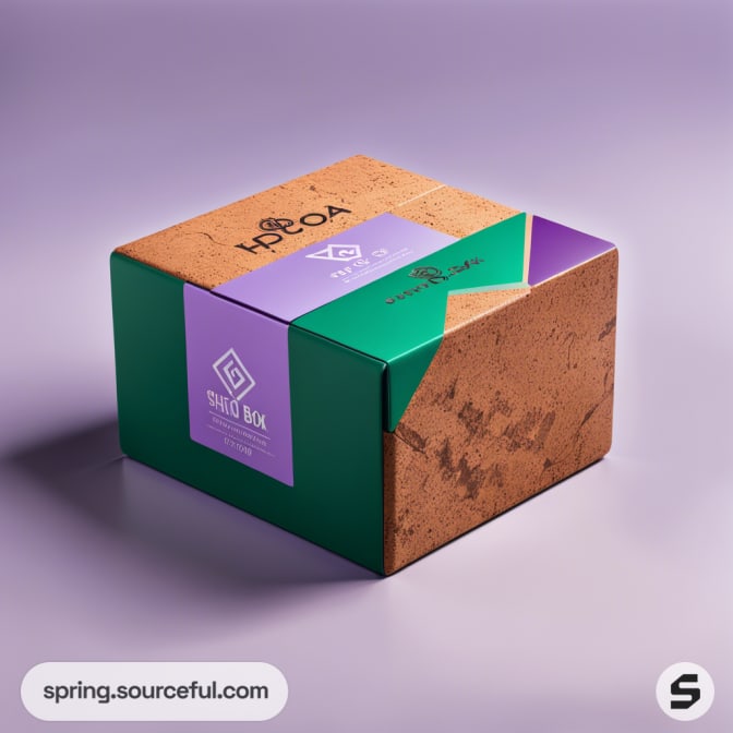 Eco-friendly mailer box with cork texture, green and purple accents, and geometric design on a subtle purple background.