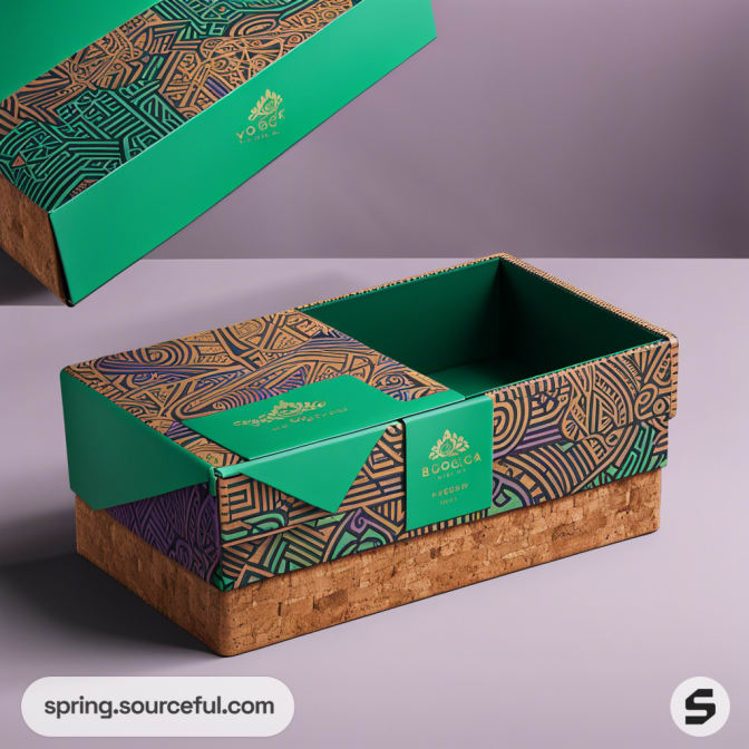 Decorative mailer box with green, gold, and brown geometric patterns, partially open showing the interior.